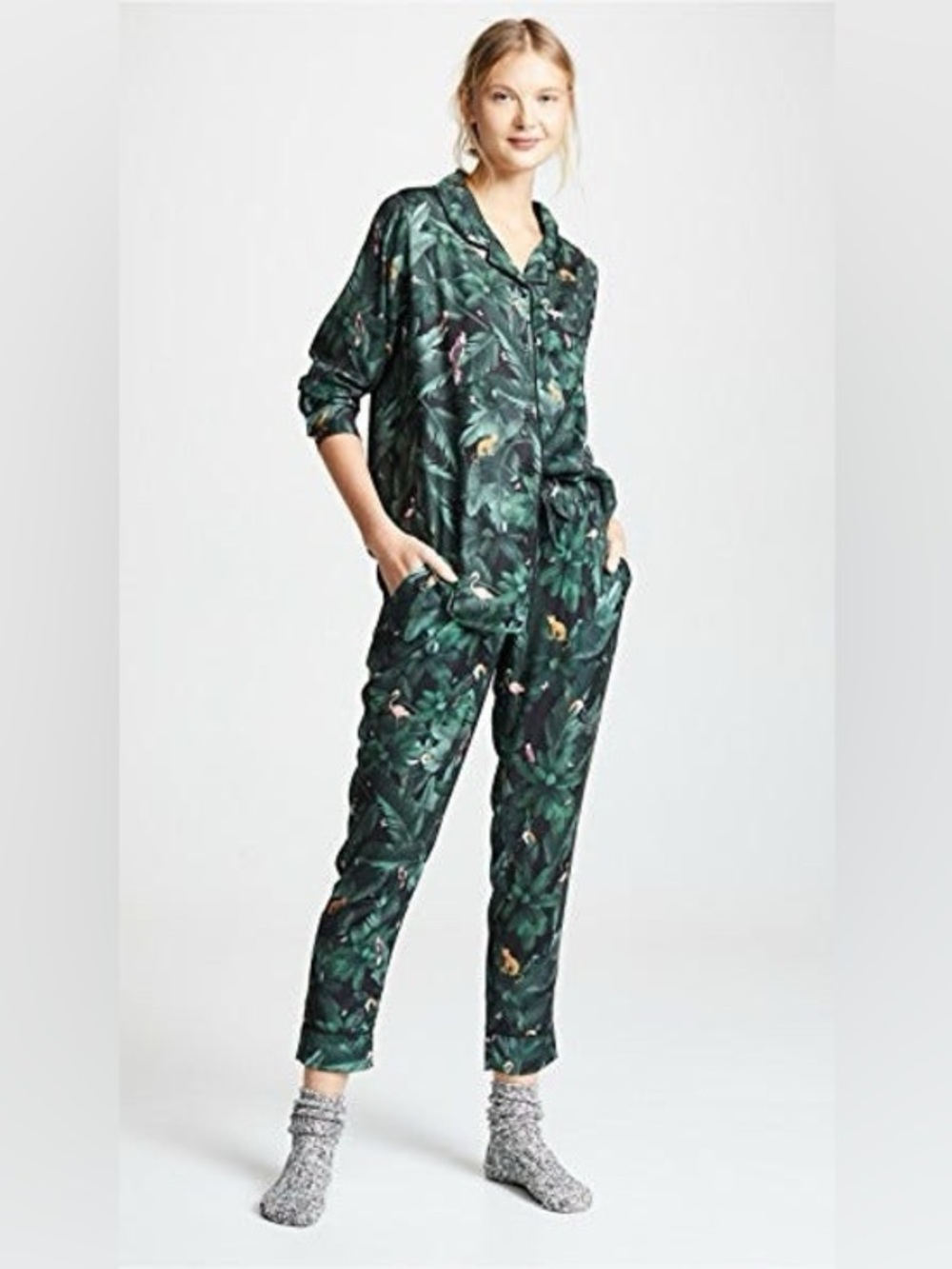 Anthropologie Women’s Tropical Green Palm-Print Pajama Set